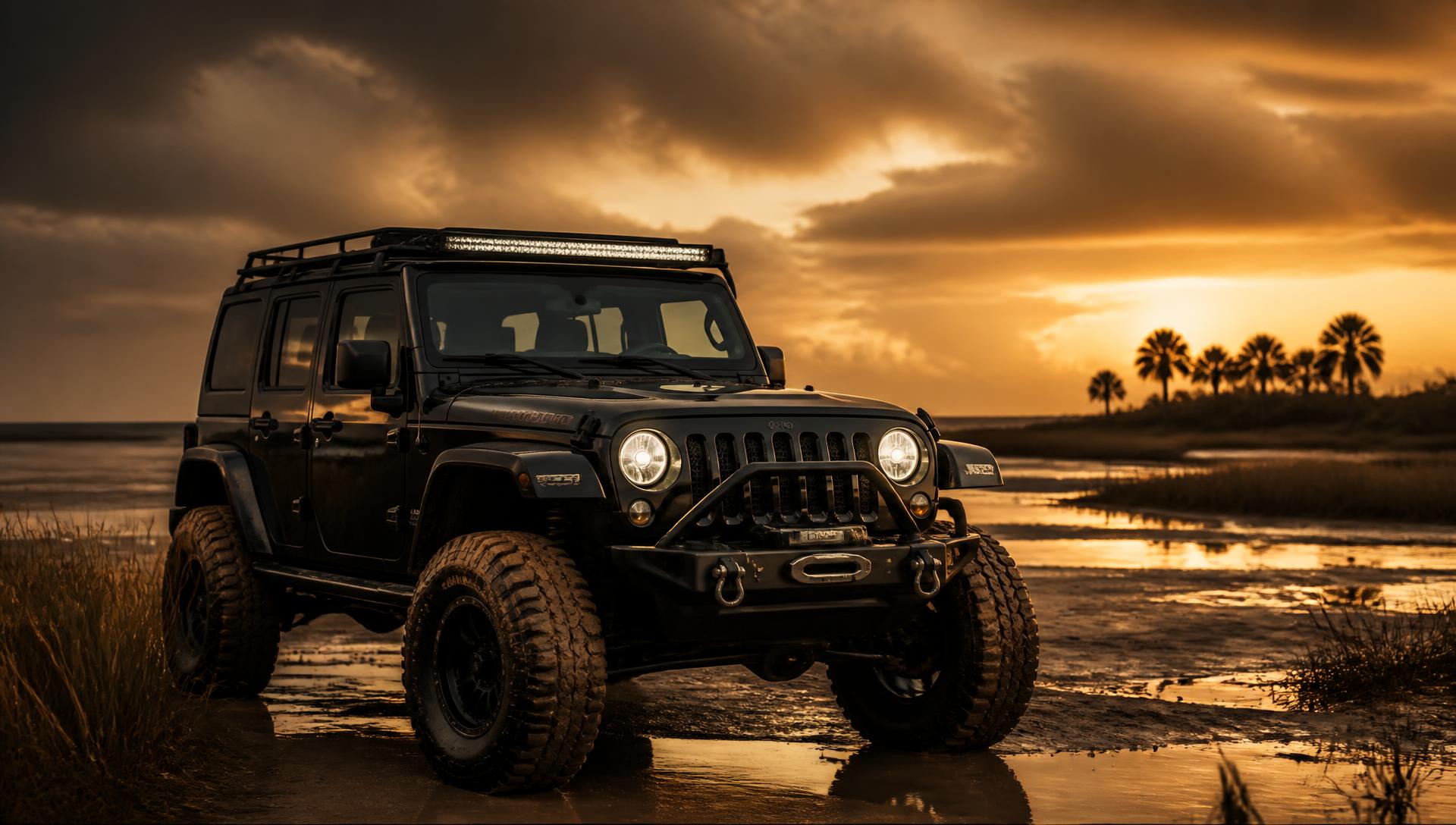 Modified Jeep Wrangler on Gulf Coast mud flats at sunset
